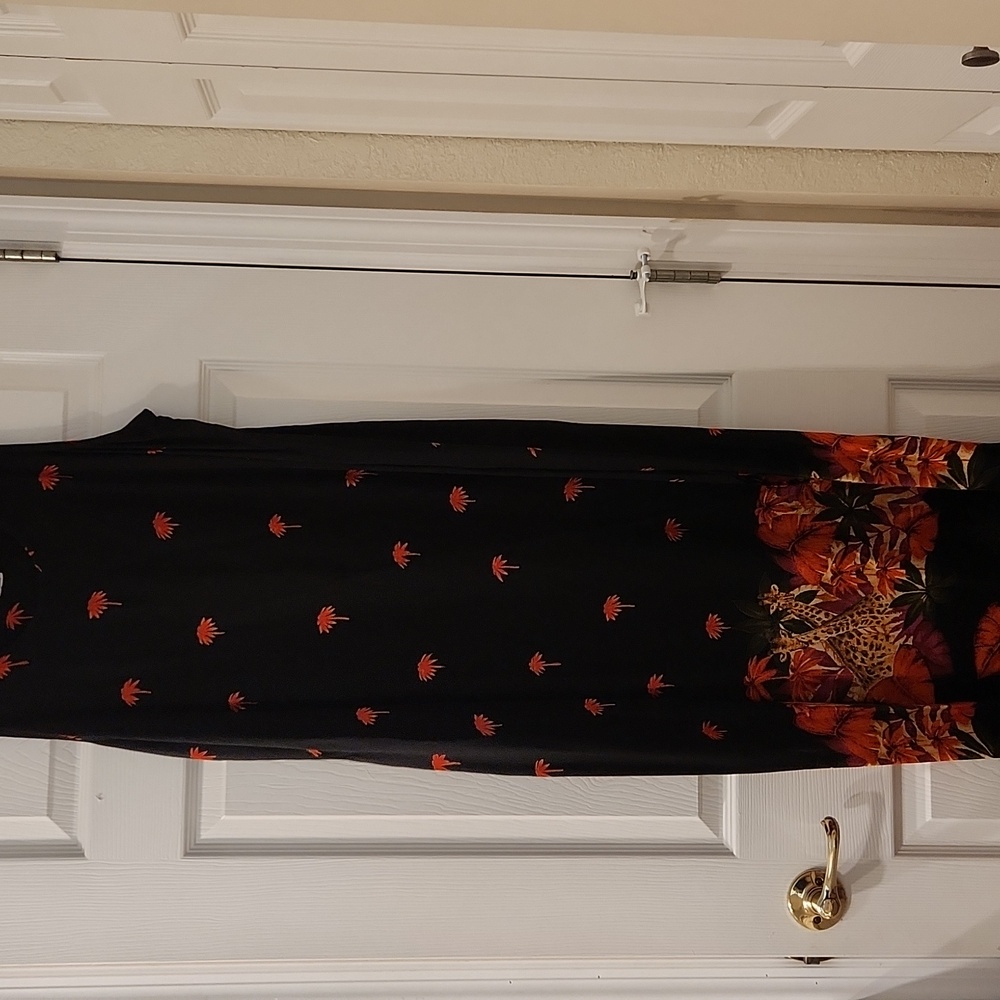 Women's Maxi Dress Tropical - Black & Orange with Palm Trees, Giraffe & Hibiscus